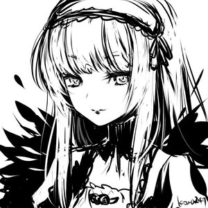 Rating: Safe Score: 0 Tags: 1girl bangs closed_mouth feathers frilled_hairband greyscale hairband image lolita_hairband looking_at_viewer monochrome simple_background smile solo suigintou virtual_youtuber white_background User: admin