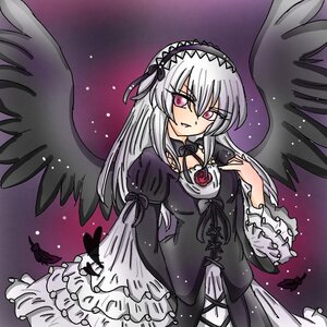 Rating: Safe Score: 0 Tags: black_wings dress feathered_wings feathers flower frills hairband image long_hair long_sleeves looking_at_viewer multiple_girls pink_eyes rose silver_hair solo suigintou wings User: admin