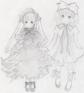 Rating: Safe Score: 0 Tags: 2girls bow dress full_body greyscale hair_bow hinaichigo image long_hair long_sleeves looking_at_viewer monochrome multiple_girls pair shinku simple_background sketch smile standing very_long_hair User: admin