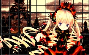 Rating: Safe Score: 0 Tags: 1girl blonde_hair blue_eyes bonnet bow dress flower image indoors lolita_fashion long_hair long_sleeves looking_at_viewer petals rose shinku solo twintails window User: admin