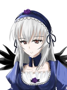 Rating: Safe Score: 0 Tags: 1girl black_wings detached_collar dress flower frills frown hairband image long_hair long_sleeves looking_at_viewer rose silver_hair simple_background solo suigintou upper_body white_background wings User: admin