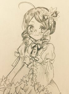 Rating: Safe Score: 0 Tags: 1girl ahoge blush dress flower frills hair_flower hair_ornament hat image juliet_sleeves kanaria long_sleeves looking_at_viewer monochrome puffy_sleeves short_hair smile solo traditional_media User: admin