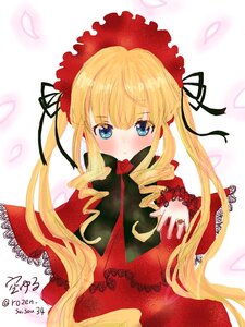 Rating: Safe Score: 0 Tags: 1girl artist_name bangs black_ribbon blonde_hair blue_eyes blush bonnet bow dated dress drill_hair eyebrows_visible_through_hair flower image long_hair long_sleeves looking_at_viewer red_dress rose shinku signature solo striped striped_background twin_drills twintails User: admin