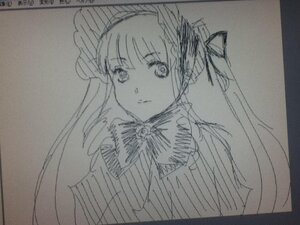 Rating: Safe Score: 0 Tags: 1girl bangs bowtie closed_mouth graphite_(medium) image long_hair long_sleeves looking_at_viewer monochrome photo shikishi shinku simple_background sketch solo traditional_media upper_body User: admin