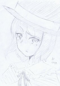 Rating: Safe Score: 0 Tags: 1girl blush closed_mouth dated eyebrows_visible_through_hair hat image looking_at_viewer monochrome ribbon short_hair sketch solo souseiseki traditional_media User: admin