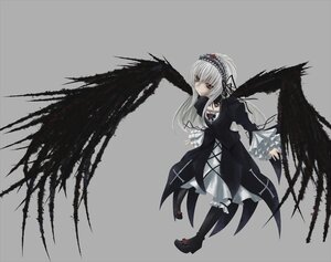 Rating: Safe Score: 0 Tags: 1girl black_wings boots cross dress flower frills full_body grey_background hairband image long_hair long_sleeves red_eyes ribbon rose simple_background solo suigintou wings User: admin