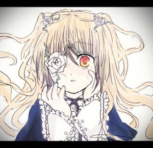 Rating: Safe Score: 0 Tags: 1girl blonde_hair blush costume_switch dress eyepatch flower frills hair_flower hair_ornament image letterboxed long_hair red_eyes rose solo traditional_media white_rose User: admin