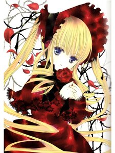 Rating: Safe Score: 0 Tags: 1girl blonde_hair blue_eyes bonnet bow dress flower image long_hair long_sleeves looking_at_viewer petals red_dress red_flower red_rose rose rose_petals shinku simple_background solo twintails white_background User: admin