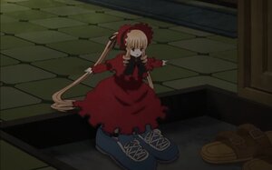 Rating: Safe Score: 0 Tags: 1girl blonde_hair bow cross-laced_footwear dress image long_sleeves red_dress shinku solo User: admin