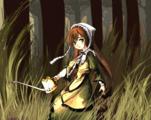 Rating: Safe Score: 0 Tags: 1girl brown_hair dress frills green_dress green_eyes head_scarf heterochromia holding image long_hair long_sleeves looking_at_viewer nature outdoors red_eyes solo standing suiseiseki twintails very_long_hair watering_can User: admin