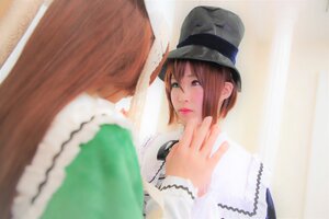 Rating: Safe Score: 0 Tags: 1girl blurry blurry_foreground brown_hair depth_of_field hat lips multiple_cosplay red_eyes short_hair souseiseki striped suiseiseki tagme User: admin