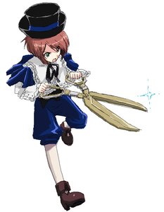 Rating: Safe Score: 0 Tags: 1boy blue_neckwear brown_hair full_body green_eyes hat holding holding_weapon image long_sleeves open_mouth pants ribbon shirt short_hair shorts solo souseiseki top_hat weapon white_background User: admin