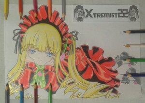 Rating: Safe Score: 0 Tags: 1girl bangs blonde_hair blue_eyes bow closed_mouth dress frills hands_on_own_face hat image long_hair long_sleeves looking_at_viewer photo red_dress shinku solo traditional_media User: admin