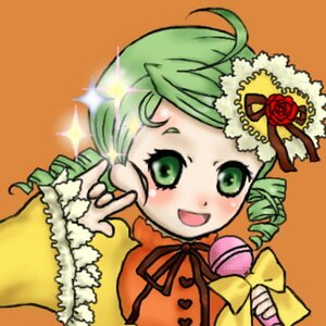 Rating: Safe Score: 0 Tags: 1girl blush crown drill_hair flower frills green_eyes green_hair image kanaria long_sleeves looking_at_viewer open_mouth orange_background ribbon rose simple_background smile solo sparkle twin_drills upper_body v User: admin