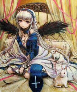 Rating: Safe Score: 0 Tags: 1girl animal bed black_wings blanket blush bow breasts brown_flower brown_rose bunny cleavage commentary_request curtains dress feathers flower frills hairband image long_hair long_sleeves looking_at_viewer md5_mismatch medium_breasts on_bed pillow pink_eyes red_flower red_rose ribbon rose rozen_maiden silver_hair sitting solo suigintou tafuto traditional_media very_long_hair wariza white_hair wings User: admin