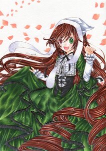 Rating: Safe Score: 0 Tags: 1girl :d brown_hair dress frills green_dress green_eyes hat head_scarf heterochromia image long_hair long_sleeves looking_at_viewer marker_(medium) open_mouth smile solo suiseiseki traditional_media very_long_hair watercolor_(medium) User: admin