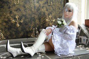 Rating: Safe Score: 0 Tags: 1girl boots dress high_heel_boots high_heels kirakishou lips long_hair nail_polish sitting solo white_dress white_footwear white_hair User: admin