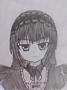 Rating: Safe Score: 0 Tags: 1girl akemi_homura choker closed_mouth frills greyscale image long_hair looking_at_viewer monochrome simple_background solo suigintou traditional_media upper_body User: admin