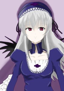 Rating: Safe Score: 0 Tags: 1girl black_wings detached_collar dress flower frills hairband image juliet_sleeves long_hair long_sleeves looking_at_viewer puffy_sleeves ribbon rose silver_hair simple_background solo suigintou upper_body wings User: admin