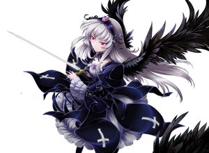 Rating: Safe Score: 3 Tags: 1girl auto_tagged black_wings detached_collar dress feathers flower frills hairband image long_hair long_sleeves red_eyes rose silver_hair solo suigintou white_background wings User: admin