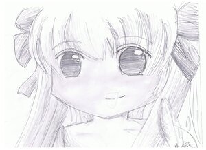 Rating: Safe Score: 0 Tags: 1girl bangs closed_mouth eyebrows_visible_through_hair graphite_(medium) hair_between_eyes image long_hair looking_at_viewer monochrome shinku signature simple_background sketch smile solo traditional_media white_background User: admin