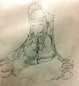 Rating: Safe Score: 0 Tags: 1girl bangs bonnet bow capelet closed_eyes dress flower frills image long_hair long_sleeves monochrome shinku solo traditional_media very_long_hair User: admin