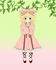 Rating: Safe Score: 0 Tags: 1girl blonde_hair blush bow dress frills fruit full_body gradient gradient_background green_eyes hair_bow hina_ichigo hinaichigo image long_sleeves looking_at_viewer object_namesake pink_bow pink_dress plant red_footwear shoes short_hair smile solo standing vines User: admin