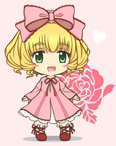 Rating: Safe Score: 0 Tags: 1girl blonde_hair bow chibi dress full_body green_eyes hair_bow heart hina_ichigo hinaichigo image long_sleeves looking_at_viewer open_mouth pink_background pink_bow pink_dress short_hair smile solo standing User: admin