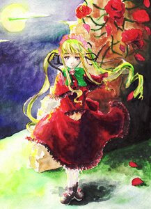 Rating: Safe Score: 0 Tags: 1girl blonde_hair blue_eyes bonnet bow dress flower full_moon image long_hair long_sleeves moon petals red_dress red_flower red_rose rose shinku sidelocks solo twintails User: admin