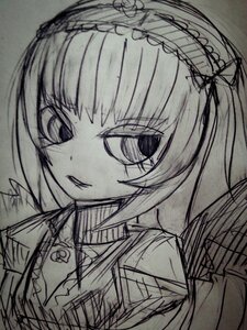 Rating: Safe Score: 0 Tags: 1girl auto_tagged eyebrows_visible_through_hair hair_ribbon hairband image looking_at_viewer monochrome ribbon simple_background sketch smile solo suigintou User: admin