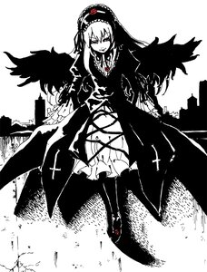 Rating: Safe Score: 0 Tags: 1girl black_wings dress frilled_hairband frills greyscale hairband image lolita_hairband long_hair long_sleeves looking_at_viewer monochrome rose solo suigintou wings User: admin