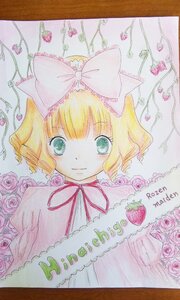 Rating: Safe Score: 0 Tags: 1girl blonde_hair bow flower food green_eyes hair_bow hina_ichigo hinaichigo image looking_at_viewer pink_bow pink_flower pink_rose rose short_hair smile solo traditional_media watercolor_(medium) User: admin