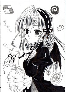 Rating: Safe Score: 0 Tags: 1girl black_wings blush dress frills greyscale hairband image lolita_hairband long_hair long_sleeves looking_at_viewer monochrome ribbon shikishi simple_background solo suigintou traditional_media upper_body white_background wings User: admin