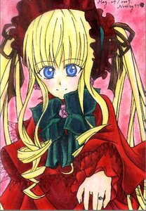 Rating: Safe Score: 0 Tags: 1girl blonde_hair blue_eyes blush bonnet bow bowtie dress drill_hair green_bow green_neckwear image jewelry long_hair long_sleeves looking_at_viewer marker_(medium) red_dress ring shinku sidelocks smile solo traditional_media twin_drills twintails upper_body User: admin