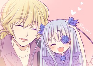 Rating: Safe Score: 0 Tags: 1boy 1girl :d ^_^ barasuishou blonde_hair blue_flower blue_rose blush closed_eyes flower heart image long_hair open_mouth silver_hair smile solo User: admin