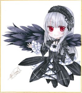 Rating: Safe Score: 0 Tags: 1girl bangs black_dress black_wings blush dress frills hairband image lolita_fashion long_hair long_sleeves looking_at_viewer marker_(medium) photo red_eyes ribbon rose shikishi signature silver_hair simple_background smile solo suigintou traditional_media white_background wings User: admin