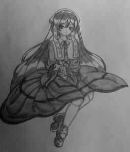 Rating: Safe Score: 0 Tags: 1girl dress full_body greyscale hairband image long_hair long_sleeves looking_at_viewer monochrome ribbon smile solo suiseiseki traditional_media very_long_hair User: admin