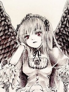 Rating: Safe Score: 0 Tags: 1girl dress flower frills hairband image long_hair long_sleeves looking_at_viewer monochrome rose solo suigintou suiseiseki traditional_media upper_body wings User: admin