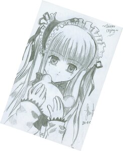 Rating: Safe Score: 0 Tags: 1girl artist_name blush dated image long_hair long_sleeves monochrome shinku signature solo tears traditional_media upper_body User: admin