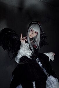 Rating: Safe Score: 0 Tags: 1girl black_dress dress flower frills gothic_lolita hairband lolita_fashion long_hair long_sleeves looking_at_viewer rose silver_hair solo suigintou User: admin