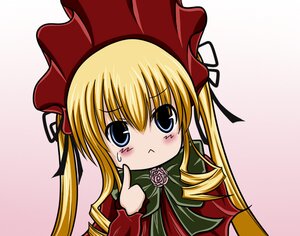 Rating: Safe Score: 0 Tags: 1girl :< blonde_hair blue_eyes blush bonnet bow drill_hair flower hat image long_hair long_sleeves looking_at_viewer pink_rose rose shinku sidelocks simple_background solo twintails User: admin
