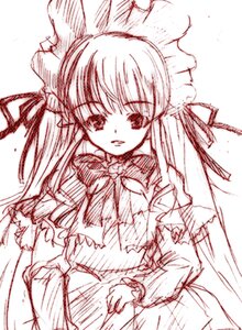 Rating: Safe Score: 0 Tags: 1girl artist_request bangs bow bowtie dress eyebrows_visible_through_hair frills hair_ribbon headdress image light_smile long_hair long_sleeves looking_at_viewer lowres monochrome parted_lips red_theme ribbon rozen_maiden shinku simple_background sketch solo very_long_hair white_background User: admin