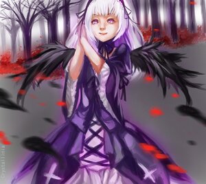 Rating: Safe Score: 0 Tags: 1girl black_wings dress feathered_wings feathers flower frills hairband image long_hair long_sleeves looking_at_viewer purple_eyes ribbon silver_hair solo suigintou wings User: admin