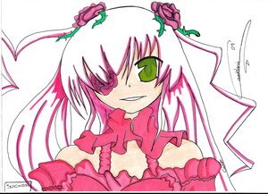 Rating: Safe Score: 0 Tags: 1girl bare_shoulders flower green_eyes hair_flower hair_ornament image kirakishou long_hair looking_at_viewer pink_hair plant signature simple_background smile solo traditional_media upper_body white_background User: admin