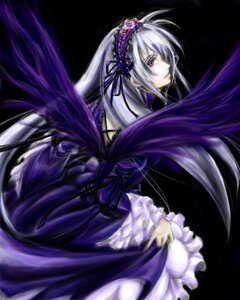 Rating: Safe Score: 0 Tags: 1girl black_background dress frills hairband image lolita_hairband long_hair long_sleeves looking_at_viewer looking_back pink_eyes silver_hair solo suigintou very_long_hair wings User: admin