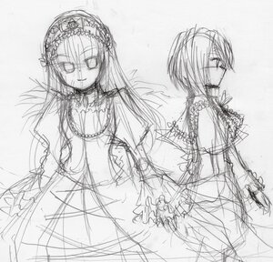 Rating: Safe Score: 0 Tags: 2girls dress frills greyscale image long_hair long_sleeves looking_at_viewer monochrome multiple_girls pair simple_background sketch souseiseki standing suigintou User: admin