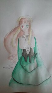 Rating: Safe Score: 0 Tags: 1girl bangs dress elbow_gloves gloves green_dress heterochromia image long_hair looking_at_viewer red_eyes ribbon solo suiseiseki traditional_media very_long_hair User: admin