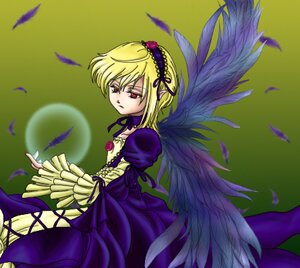Rating: Safe Score: 0 Tags: 1girl angel_wings black_wings blonde_hair dress feathered_wings feathers flower hairband image long_sleeves red_eyes short_hair solo suigintou white_feathers white_wings wings User: admin