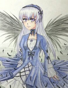 Rating: Safe Score: 0 Tags: 1girl black_wings dress feathered_wings feathers frills hairband image long_hair long_sleeves looking_at_viewer puffy_sleeves purple_eyes silver_hair solo suigintou traditional_media wings User: admin