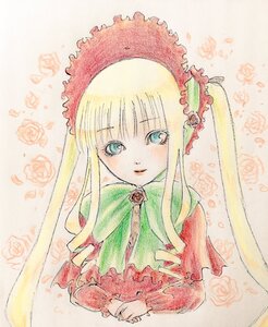 Rating: Safe Score: 0 Tags: 1girl bangs blonde_hair blue_eyes bonnet bow bowtie dress drill_hair flower frills green_bow hat image long_hair long_sleeves looking_at_viewer pink_flower pink_rose red_dress rose shinku sidelocks solo traditional_media upper_body User: admin